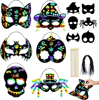 MGparty Halloween Crafts 24PCS Halloween Rainbow Scratch Mask Magic Scratch Paper Art for Kids Birthday Classroom Decoration for Halloween Party Favors Gifts Party Games Projects Kits