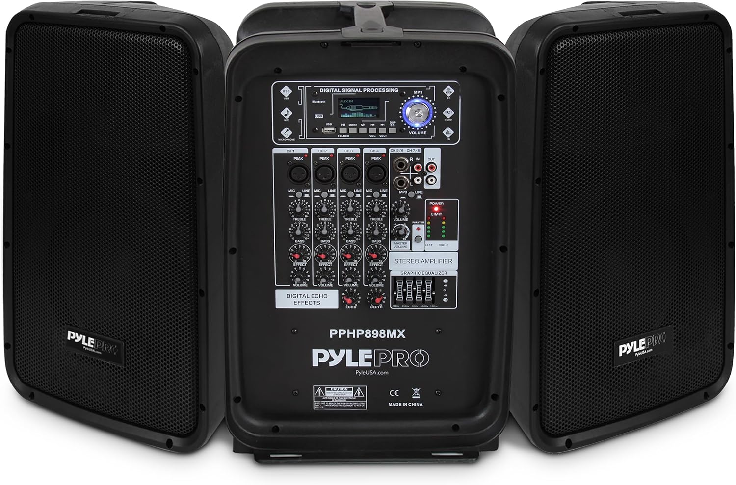 Pyle 600 Watt 8-Channel Portable Bluetooth Wireless PA Speaker Amplifier Kit with 8" Subwoofer and 1" Horn Tweeter, MP3, AUX - USB Xlr 1/4" RCA, Black