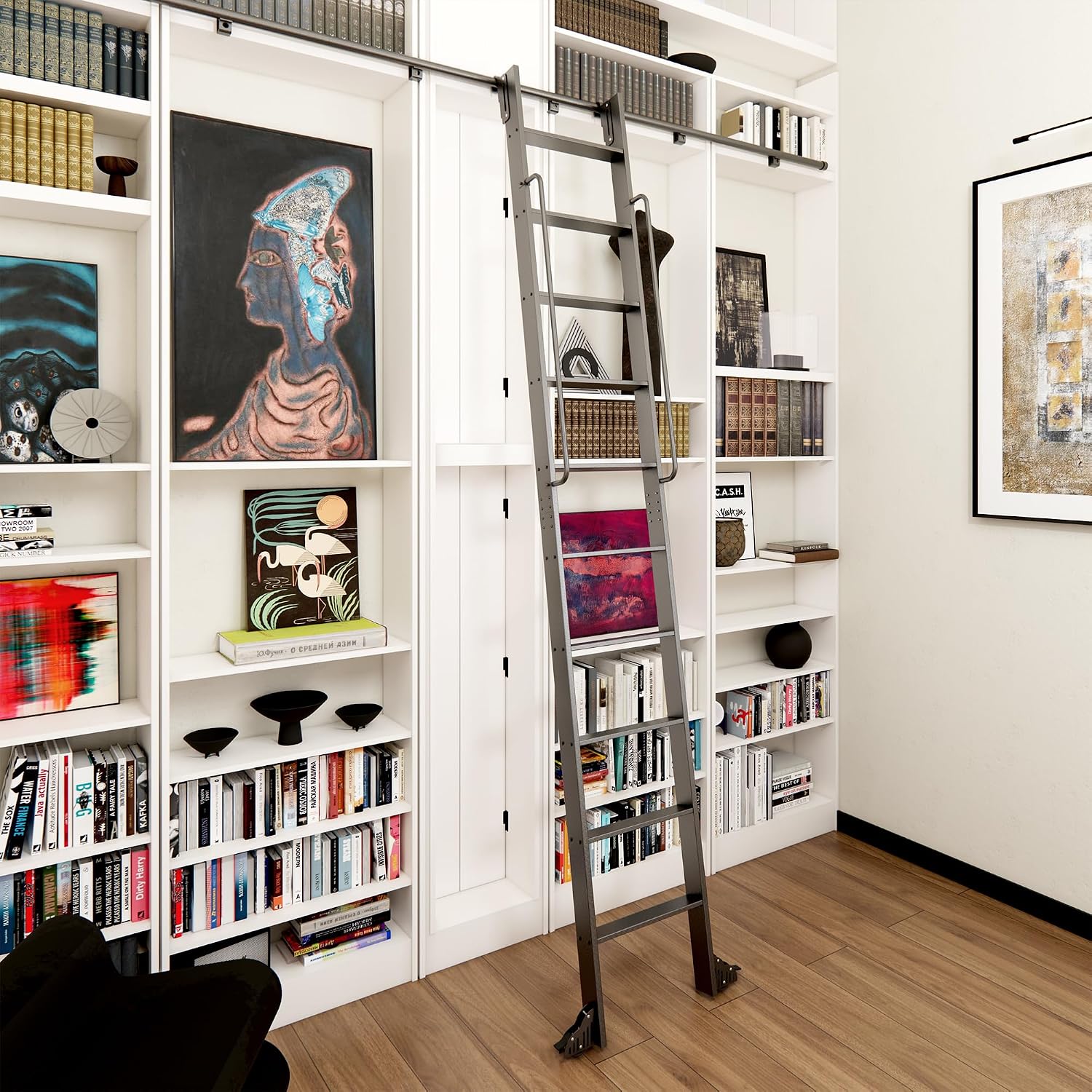 120" Telescopic Sliding Library Ladder with Handrail – Lightweight Aluminum Rolling Ladder with Braking Wheels, 4FT Hook Ladder Track Kit for Home, Loft, and Bookshelves