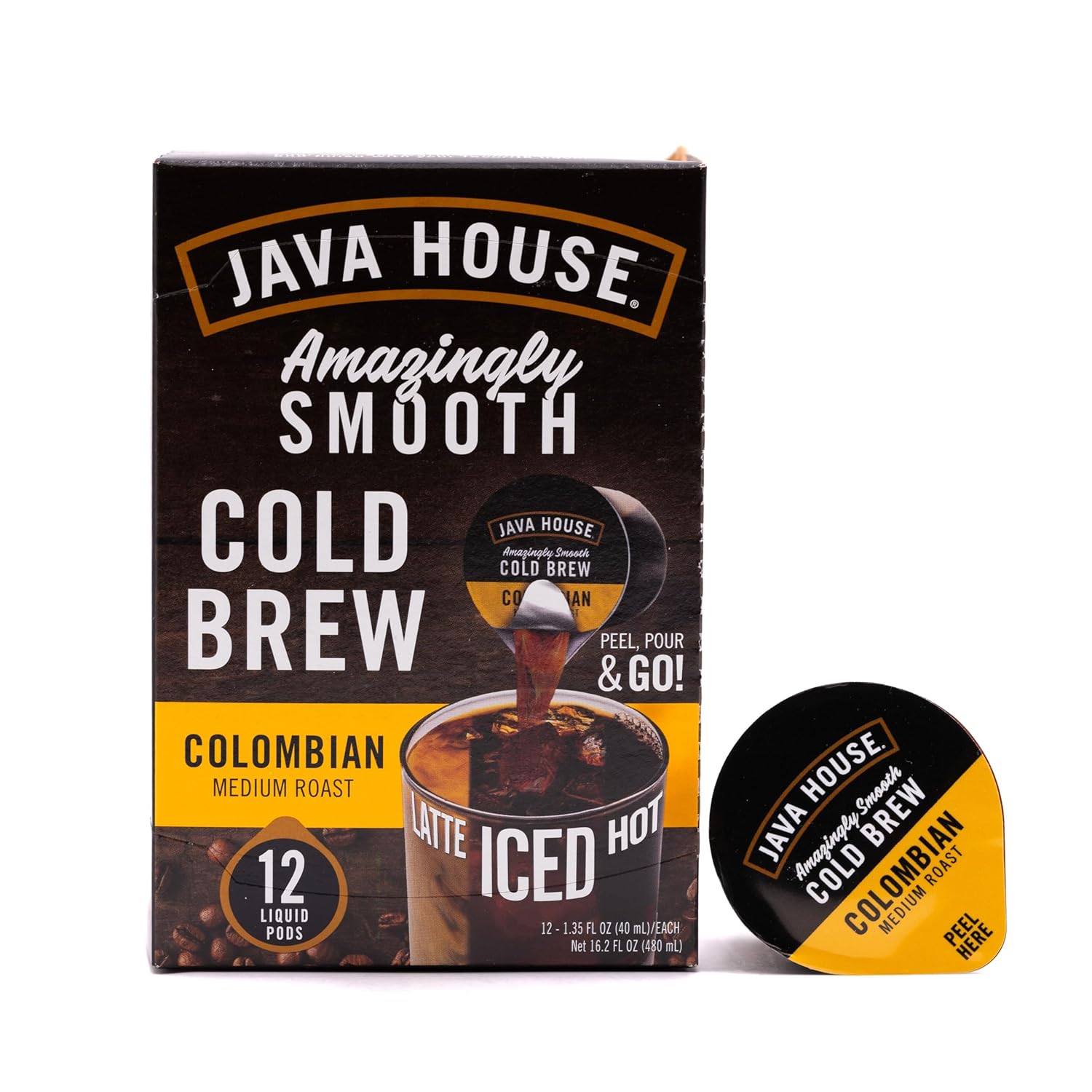 Java House Single-Serve Cold Brew Coffee Pods – Premium 100% Arabica Liquid Concentrate – Smooth & Bold Colombian Roast – 6 Pods – Ready Hot or Iced, Travel-Friendly, TSA Approved