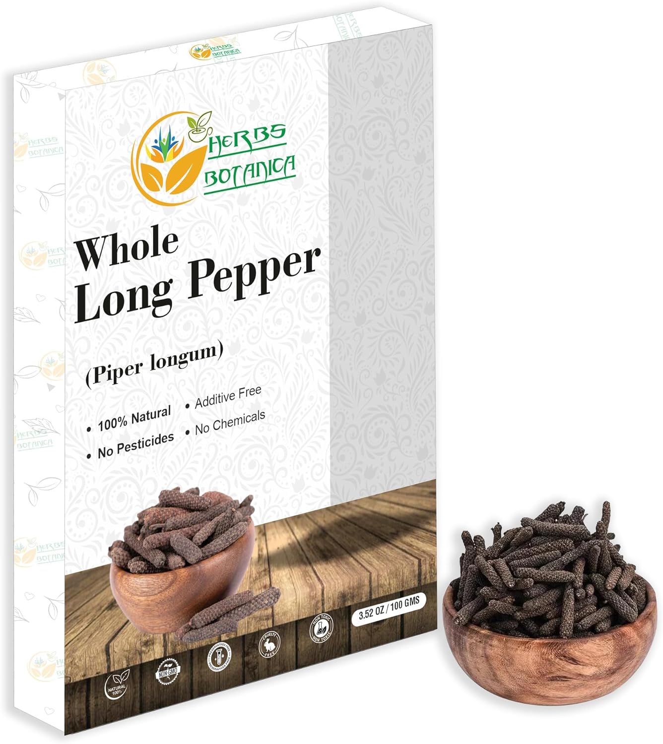 Herbs Botanica Long Pepper Whole Organic Piper Longum Black Peppercorns Pippali Whole Piper Indian Pure Longum Natural Poivre Wholes Dried Quality 3.52 oz / 100gms