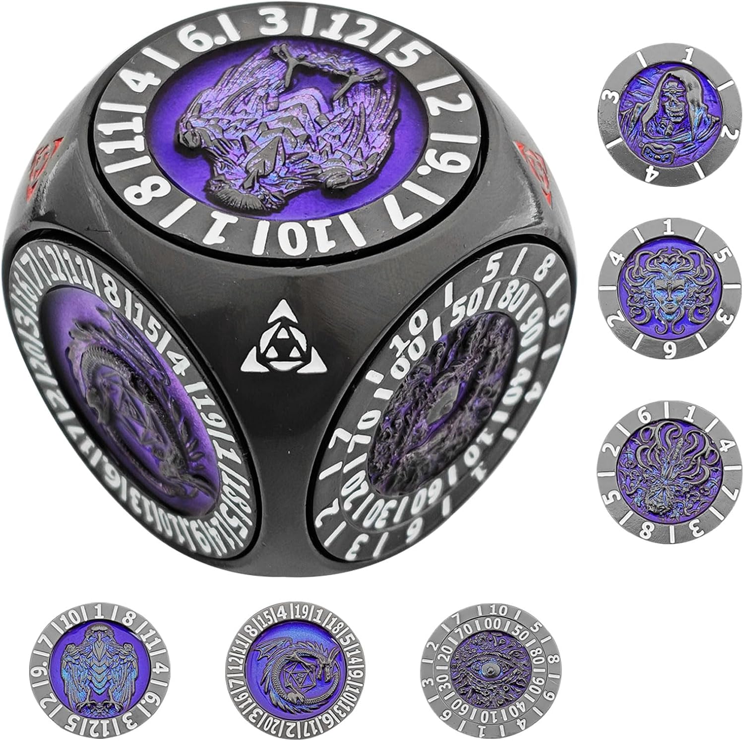DND Spinner Dice, Unique 7-in-1 Metal DND Dice Set, 3D Relief, RPG MTG Table Gamer Die Gifts, Shadow Mystery Box for Dungeons and Dragons (Black Purple)