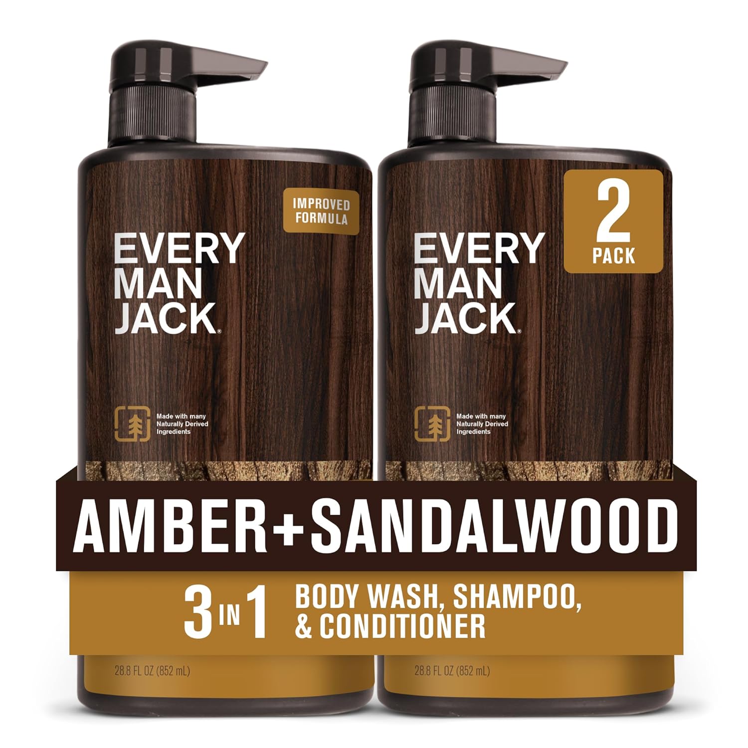 Every Man Jack Amber + Sandalwood Hydrating Mens 3-in-1 All Over Wash for All Skin and Hair Types - Body Wash, Shampoo and Conditioner with Naturally Derived Ingredients - 28.8oz (2 Pack)