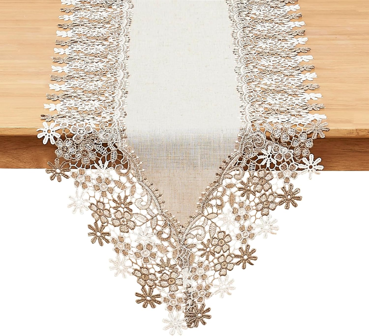 Natural Neutral Earth Tones Beige Floral Lace Table Runner Dresser Scarf 36 inches Long for Home Decor (16” x36”, Natural)