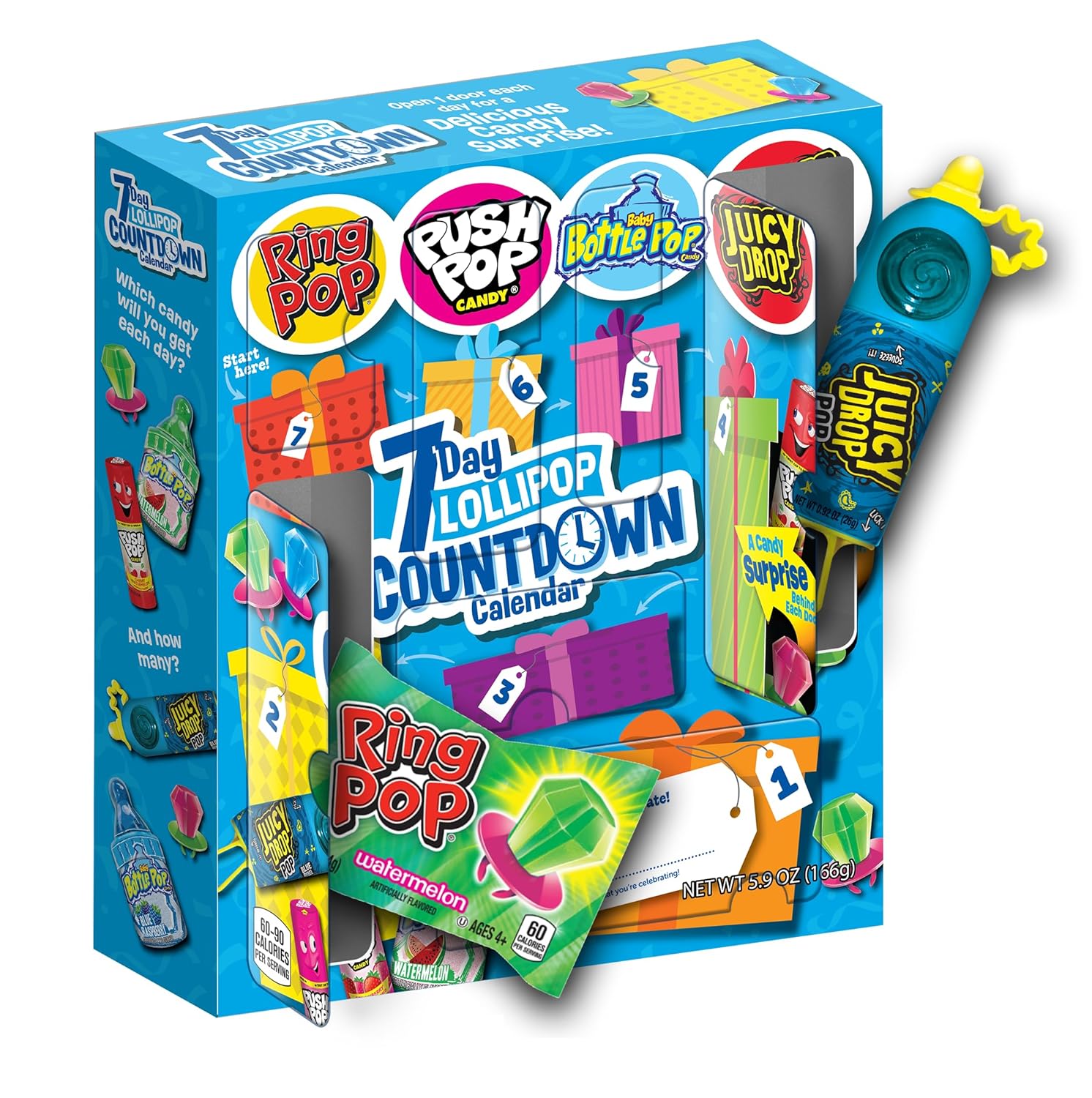 Bazooka Brands 7 Day Candy Countdown Calendar, Full-Size Surprise Hard Candy Lollipops From Ring Pop, Push Pop, Baby Bottle Pop & Juicy Drop, Fun Customizable Gift Box for Kids Party Favors and Prizes