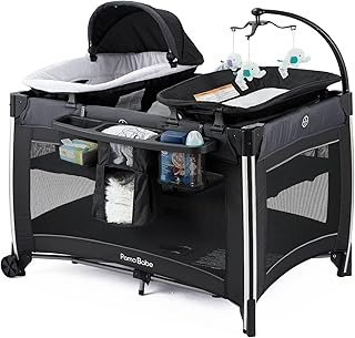 Pamo Babe 4 in 1 Portable Baby Crib Deluxe Nursery Center, Foldable Travel Playard with Bassinet, Mattress, Changing Table for Newborn, Infant, Toddler(Black)