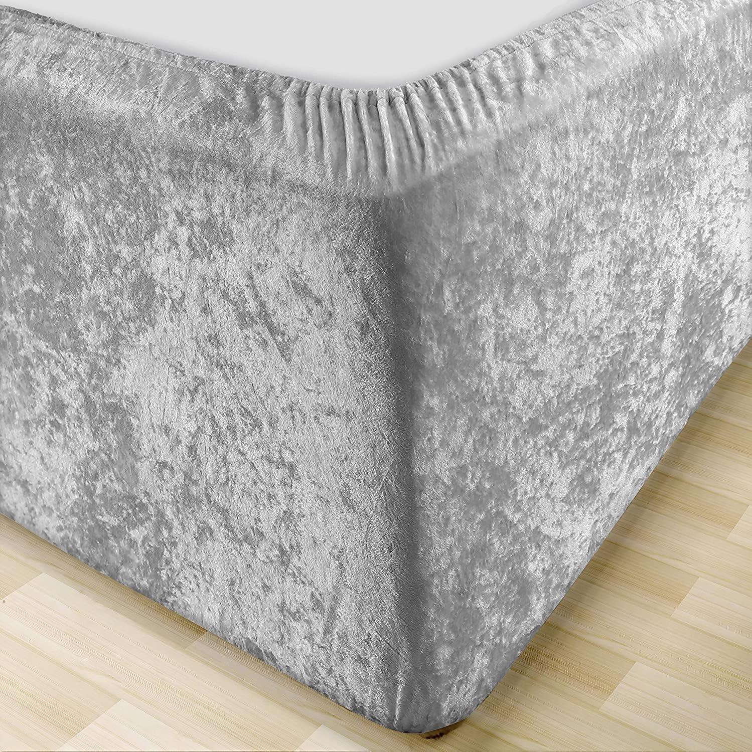MK Home Textile Crushed Velvet Divan Bed Base Wrap - Silver Grey Deep Fitted Valance Sheet Frame Cover Fully Elasticated Skirt Easy To Fit – Single Double King Super King Size (Silver Grey, King)