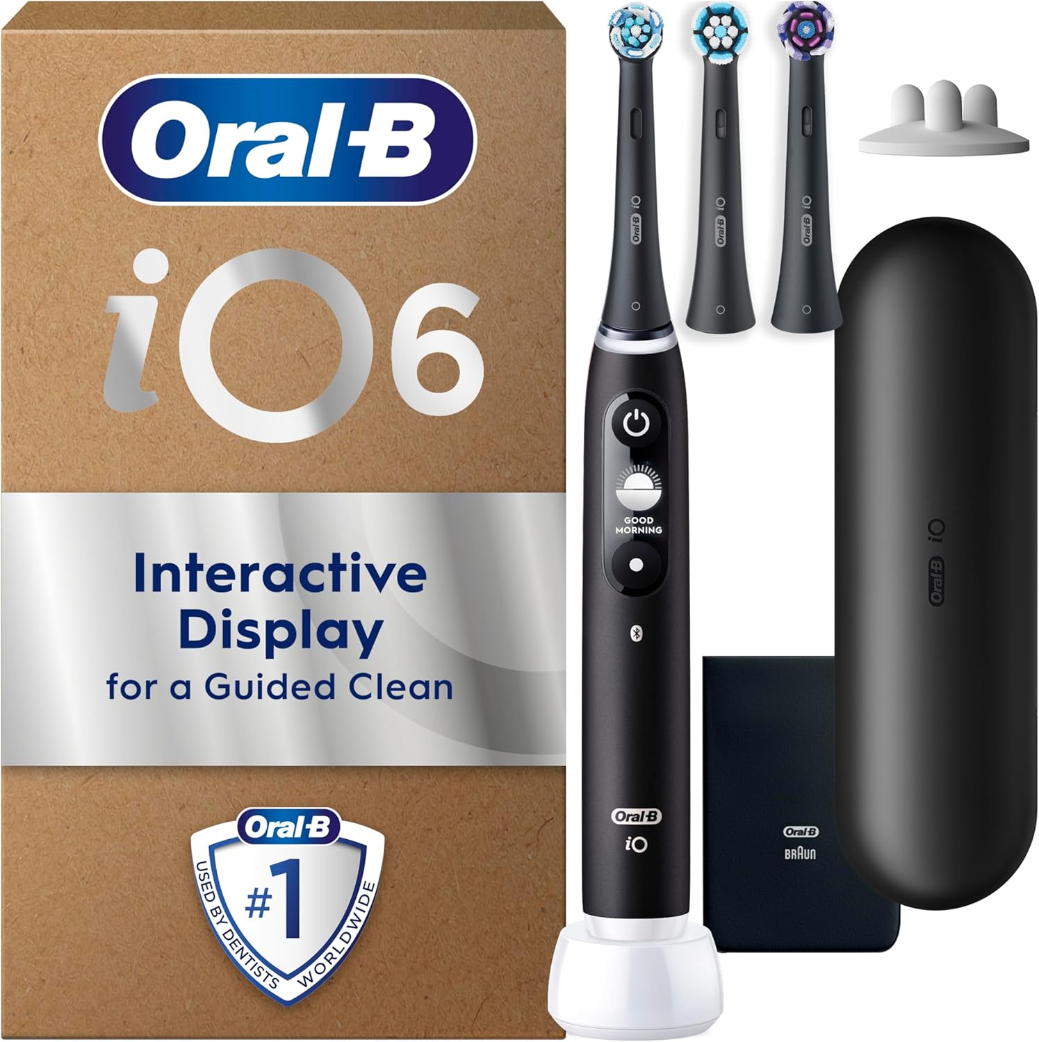 Oral-B iO6 Electric Toothbrushes For Adults, 3 Toothbrush Heads, Travel Case & Toothbrush Head Holder, 5 Modes With Teeth Whitening, 2 Pin UK Plug, Black