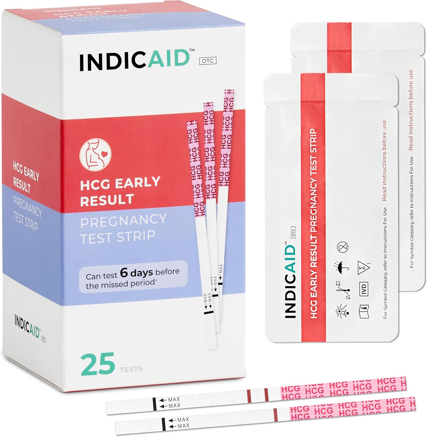 INDICAID Early Detection Pregnancy Test Strips - 25 Tests - hCG Test Early Result 6 Days Before Missed Period - High-Sensitivity Easy at-Home Pregnancy Tests - Rapid Results in 5 Minutes