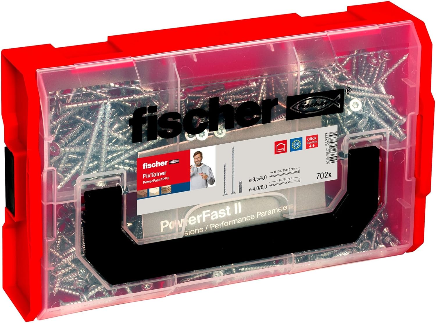 fischer FixTainer PowerFast II Chipboard Screw, Presorted Assortment Box with 700 Screws and 2 Bits, Countersunk Head, Partial Thread, Full Thread and PZ Drive, Universal Fixing Kit