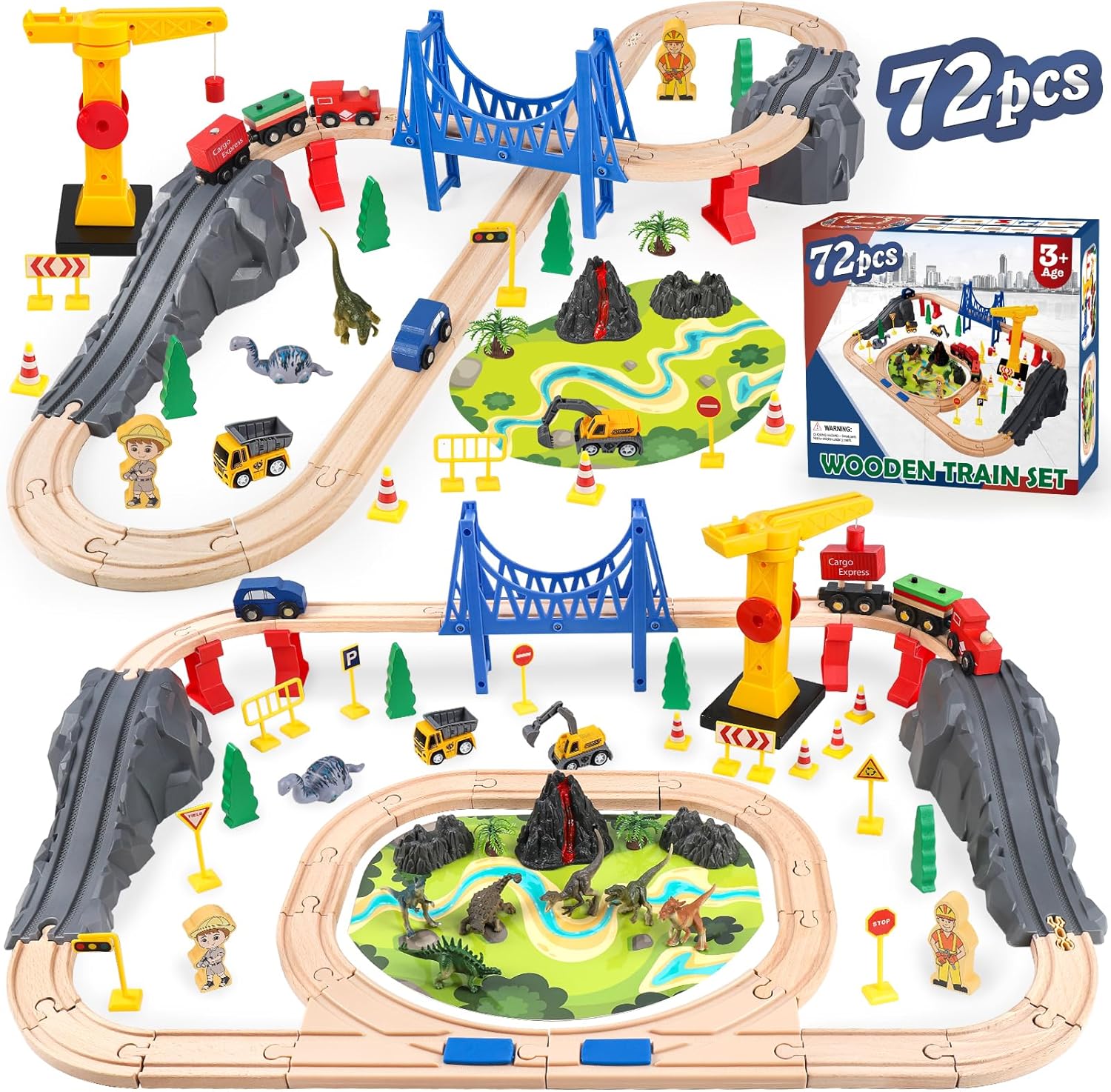 Wooden Train Set for Toddlers & Kids, 72Pcs Wooden Train Track with Crane, Expandable Toys Train Set for 3 4 5 6 7 Years Old Boys & Girls Christmas Birthday Gifts - Fits All Major Brands Railway Set