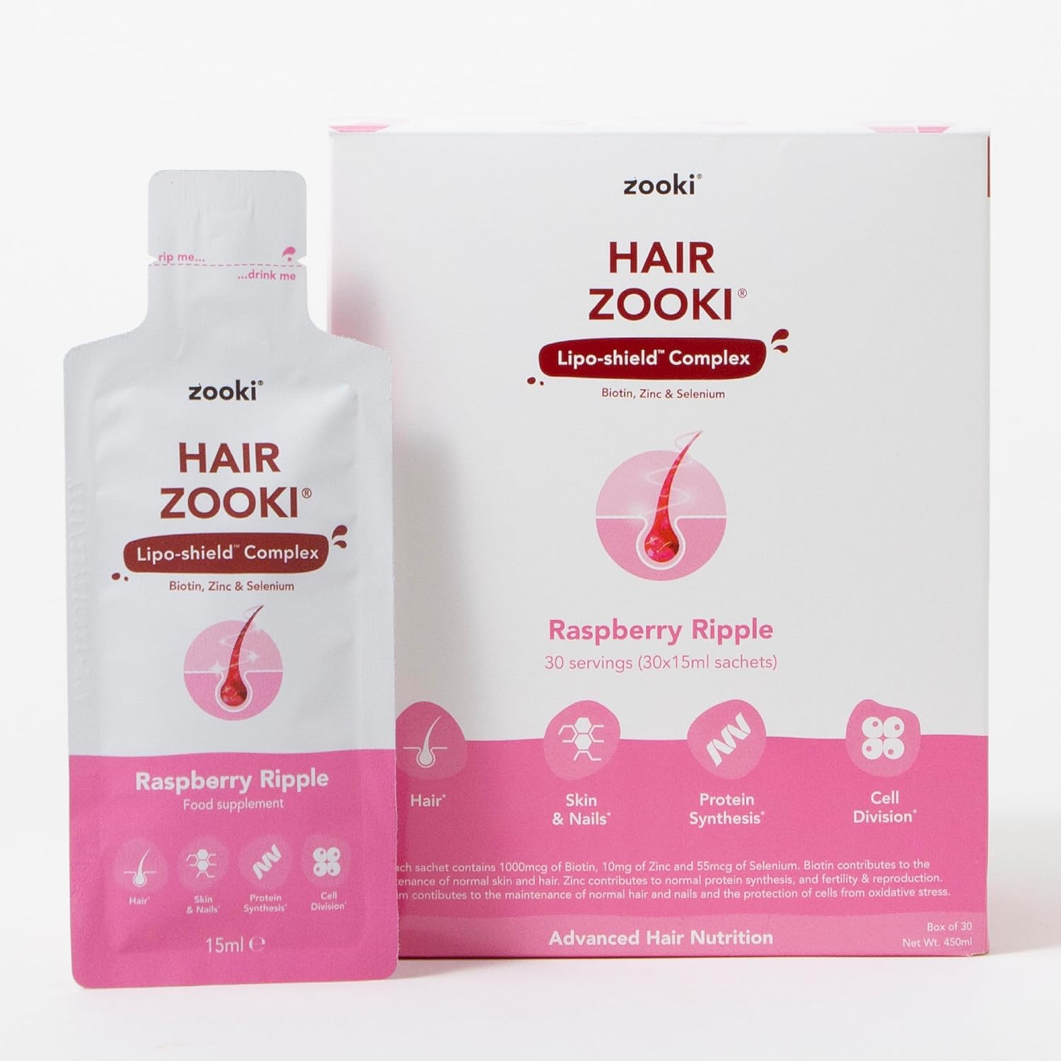HairZooki® High Strength Biotin, Zinc & Selenium Wrapped in Lipids for Maximum Absorption | Alcohol Free, Vegan, Soy Free, Natural Ingredients | Support Hair, Skin & Nail (Raspberry, 14 Servings)