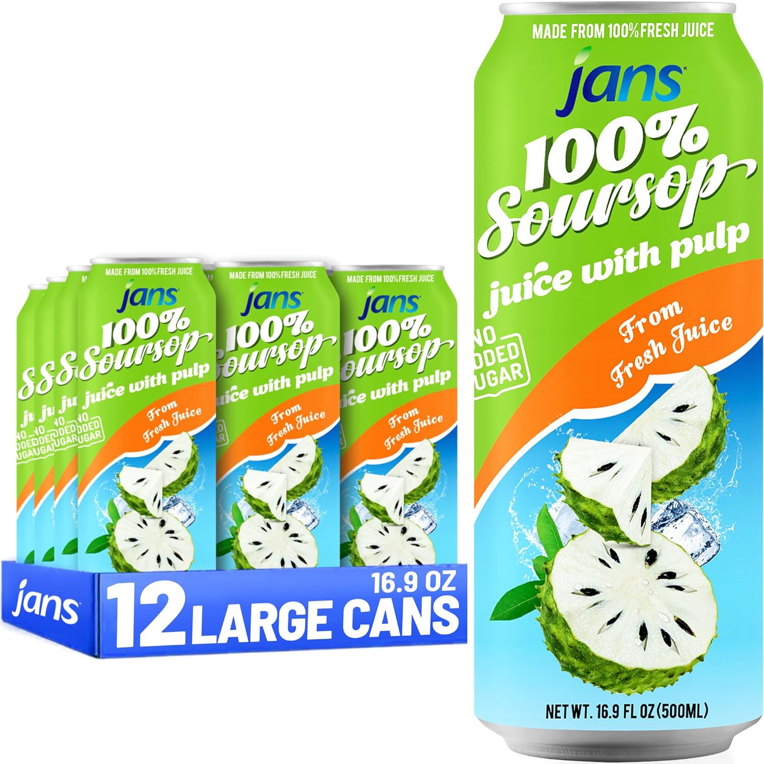 Jans Soursop Juice with Pulp (12-Pack, 16.9 oz Cans) - NO Sugar Added - from 100% Pure Soursop Fruit / Guanabana Fruit, Not From Concentrate, Sour Sop Rich in Natural Electrolytes - Refreshing Tropical Taste