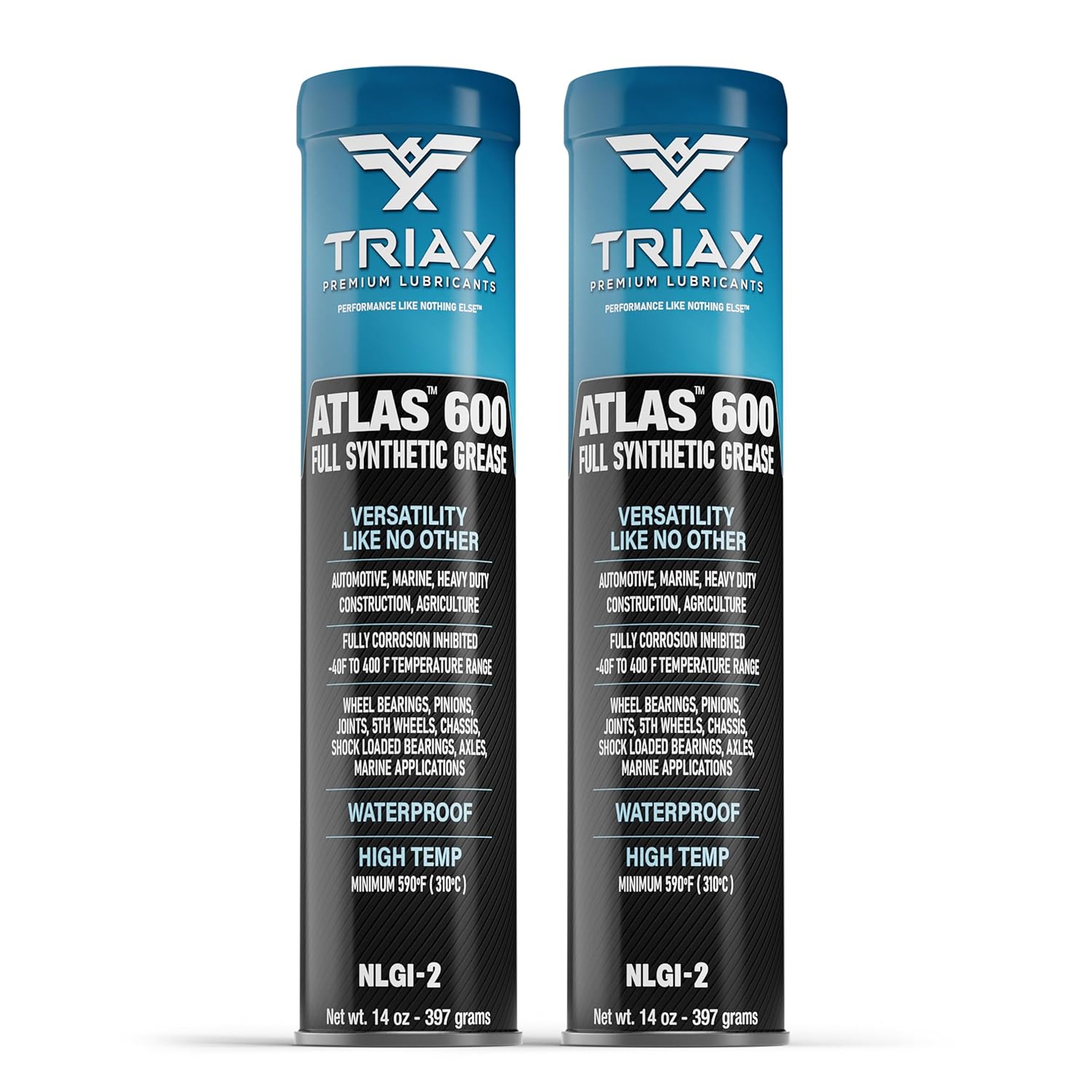 TRIAX Atlas 600 – Full Synthetic Calcium Sulfonate Grease NLGI-2 GC-LB – Waterproof – High Temp 232°C – Extreme Duty EP Grease for Wheel Bearings Trailer Hubs Marine & Industrial Use 2x400 g Cartridge