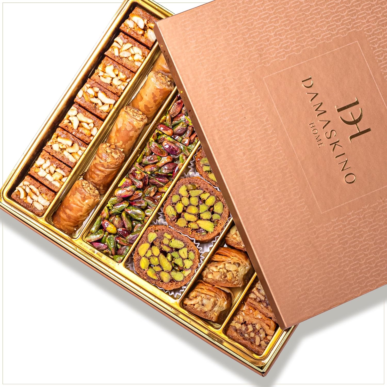 Damaskino Home Assorted Baklava Gift Box 1.2lbs - 35 Pieces – Pistachio Baklava Pastry wtih Cashews & Walnuts – Turkish Baklava Pistachio Dessert – Greek Desserts & Middle Eastern Sweets