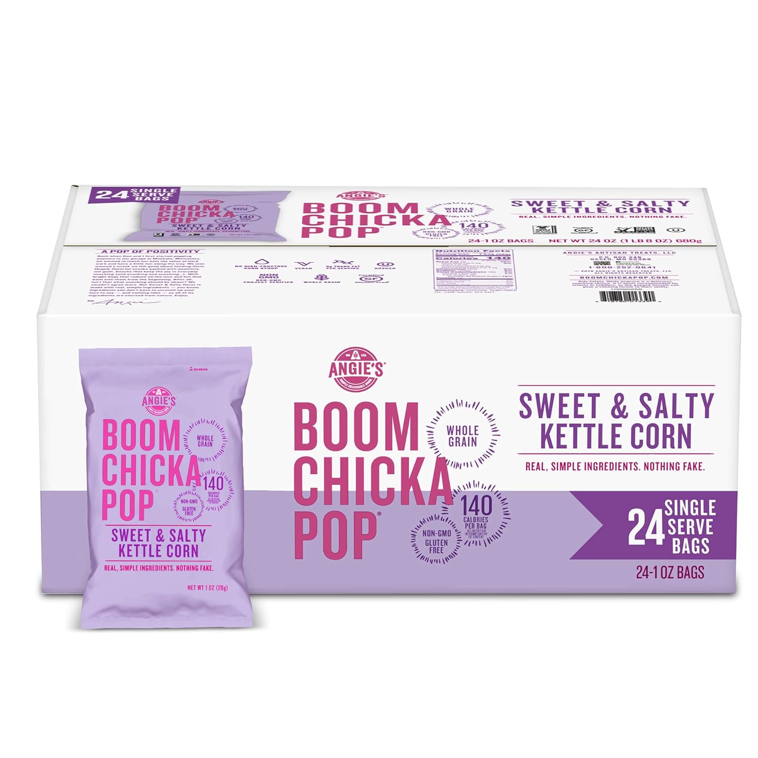 Angie's BOOMCHICKAPOP Sweet & Salty Kettle Corn Popcorn, Lunchbox Snack, 1 oz. Individual Bag (Pack of 24)