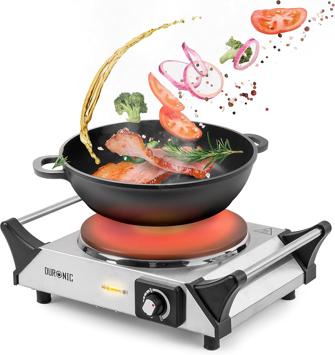 Duronic Hot Plate HP1 SS, Stainless Steel Table Top Cooking, 1500W Black Steel Electric Single Hob with Handles, Cast Iron Portable Hob Burner Rings for Home Kitchen, Pots, Camping