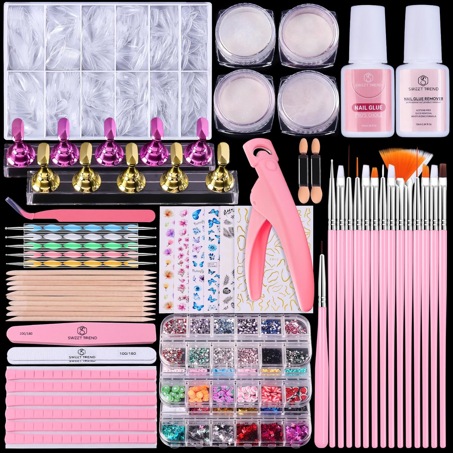 Nail Art Decoration Design Kit: Acrylic Brushes Tools Set with 600 Fake Nail Tips - Chrome Powder Nail Glue & Remover Nail Rhinestones Charms Gems - Press On Supplies Nail Stand Clipper Dotting Tool