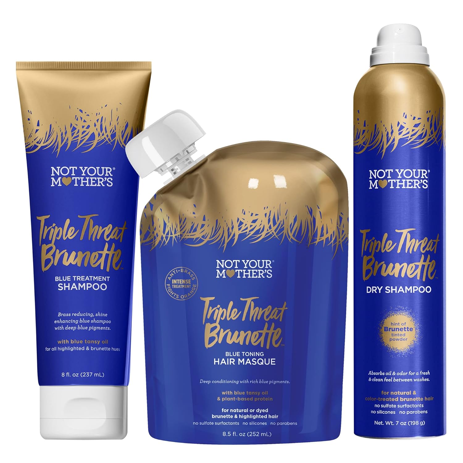 Not Your Mother's Triple Threat Brunette Collection: Toning Shampoo, Hair Masque, and Dry Shampoo (3-Pack) - Enhances Shine, Reduces Brass, Refreshes Hair