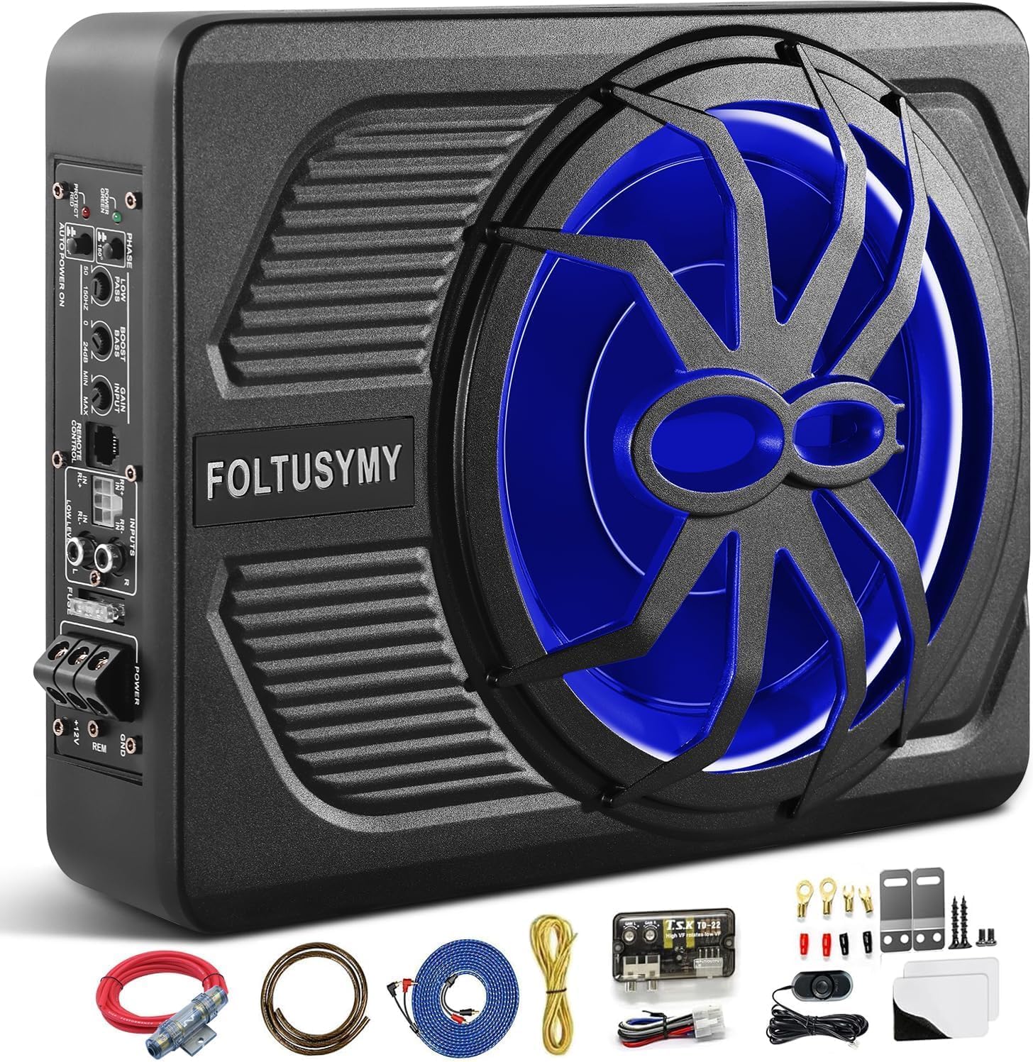 2025 Advanced 10" 1000W Slim Under Seat Powered Car Subwoofer, High/Low Level Input, Car/Truck Audio Sub Built-in Amplifier amp Combo Package, with Blue LED Light