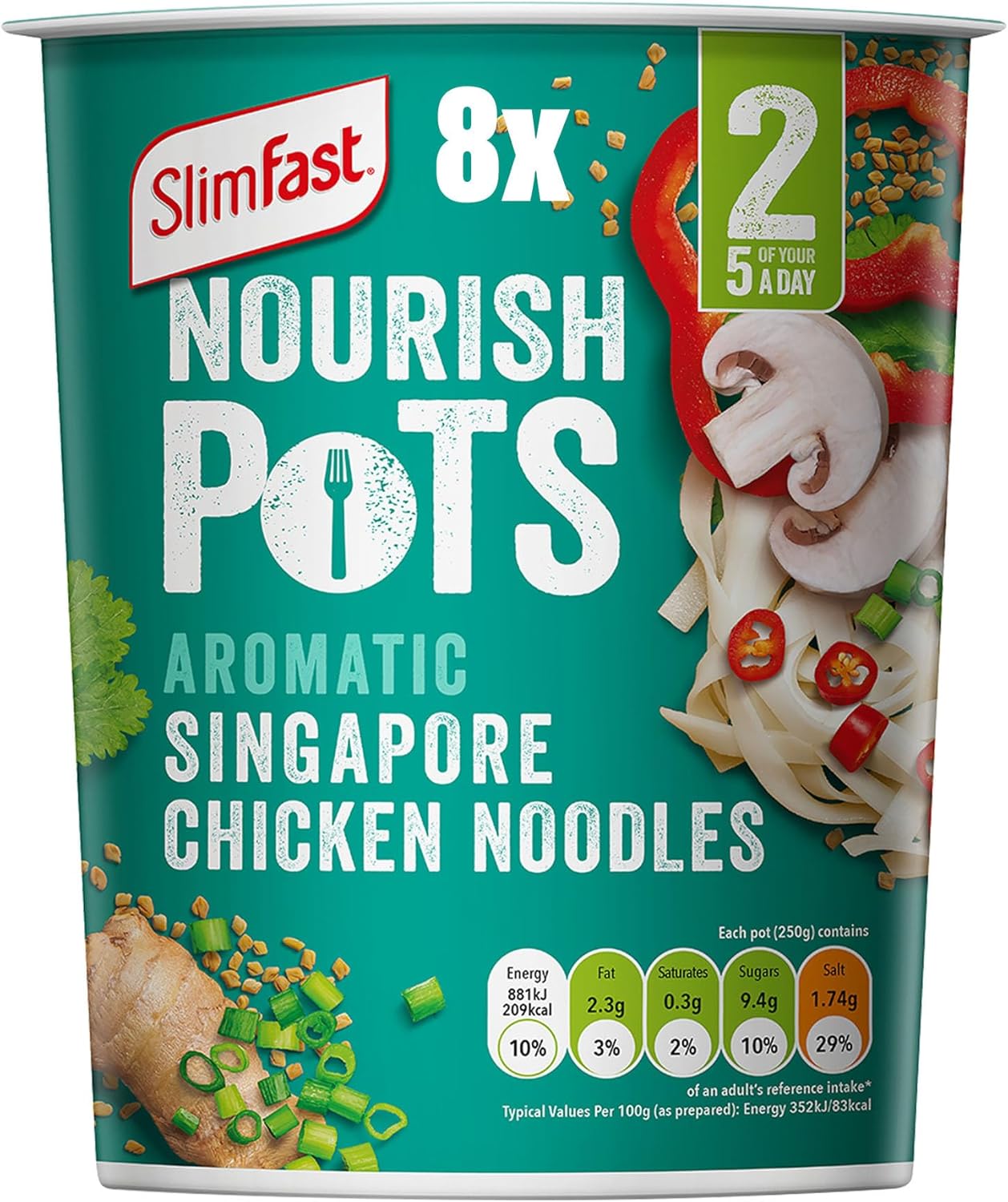 SlimFast Nourish Pot Aromatic Singapore Noodles, Ready Meal, Low in Sugar and Fat, Healthy Lunch and Low-Calorie Snack, Source of Protein, Instant Noodles, Multipack, 8 x 60 g