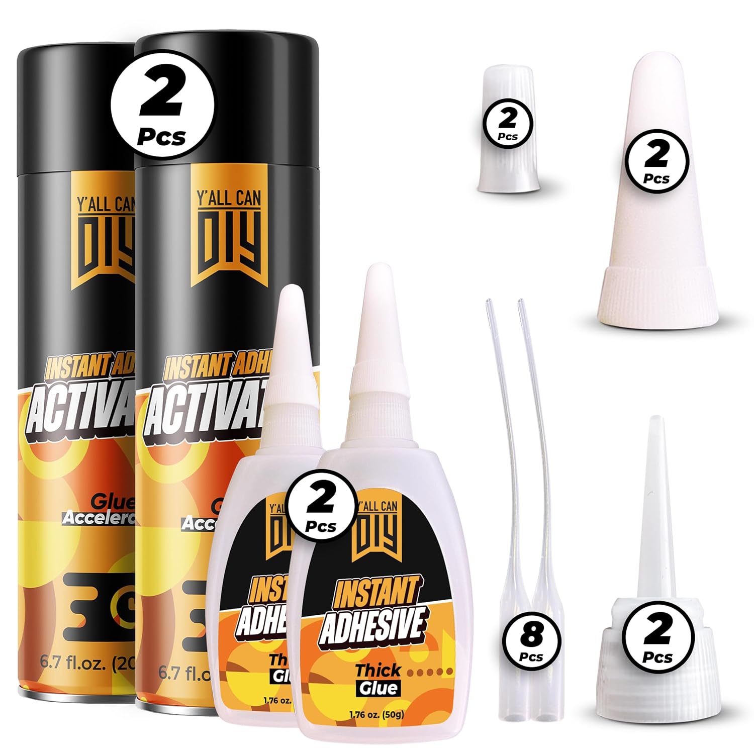 CA Glue with Activator (2 x 1.76 oz. + 2 x 6.76 fl oz.) - Industrial-Grade Cyanoacrylate Adhesive and Super Glue Accelerator for Woodworking, Crafts, DIY, and Repairs, Instant Glue Bond