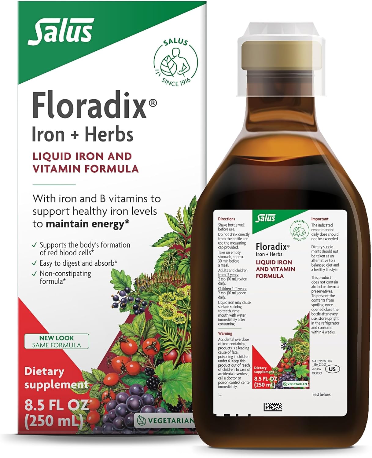 Floradix by Salus Iron & Herbs - Liquid Herbal Supplement for Energy Support* - Iron Supplement with Vitamin C & B Complex Vitamins - for Men & Women - 8.5 Fl Oz