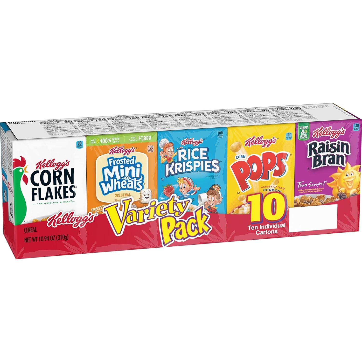 Kellogg's Breakfast Cereal Assorted Variety Pack, Corn Flakes, Frosted Flakes, Frosted Mini-Wheats Original, Raisin Bran, Froot Loops, Corn Pops, Rice Krispies, Special K Original, Single Serve, 10.94 oz (10 Count)