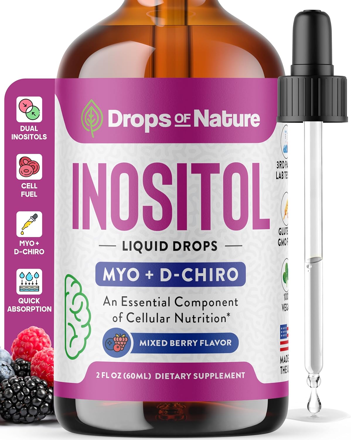 Inositol Supplement - Pure & Potent Myo-Inositol Vitamins for Women - Vegan Easy Liquid Drops to Support Hormonal Wellness, Cellular Function, Mental Clarity (Mixed Berry, 60ml)