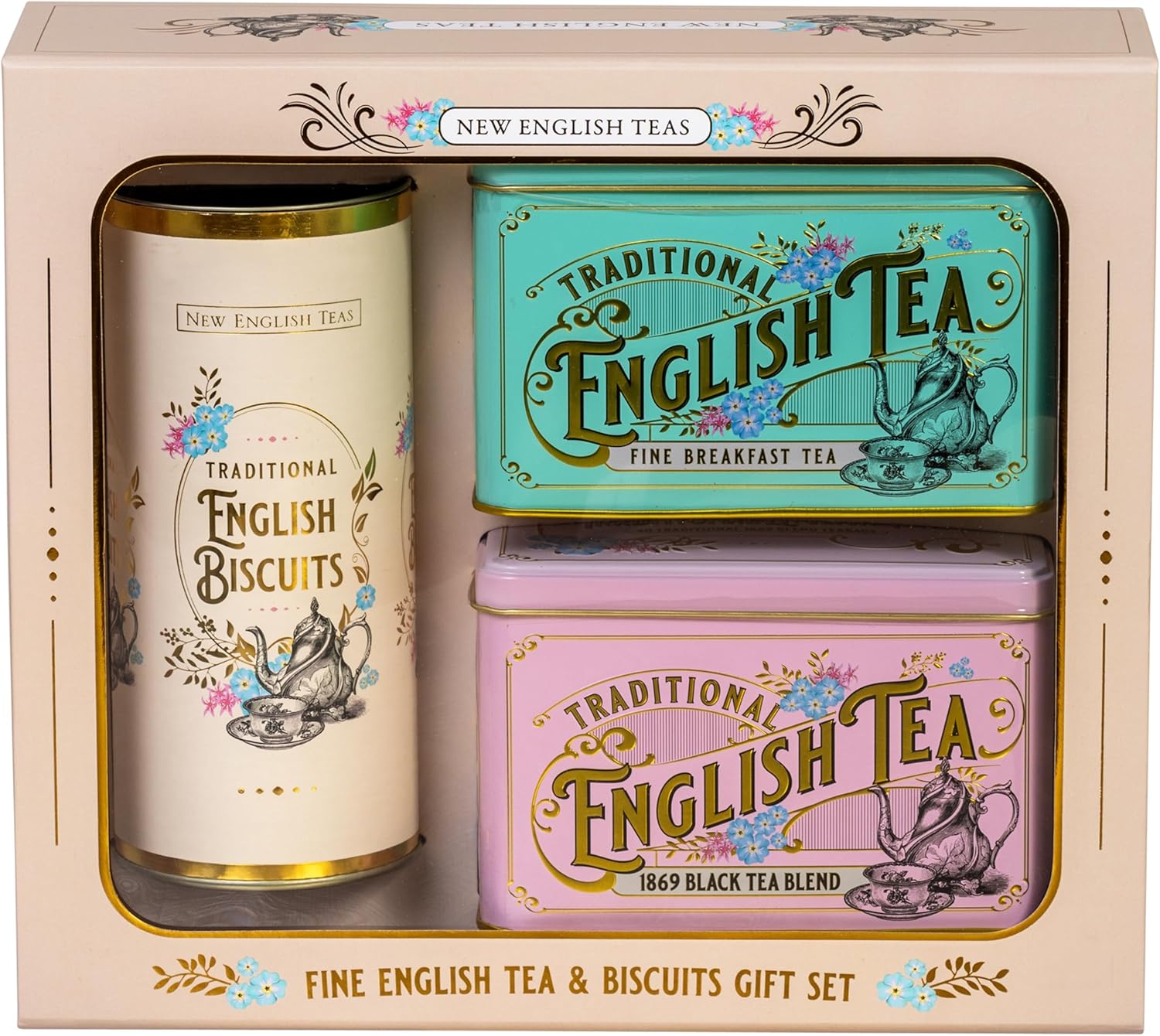 New English Teas Vintage Victorian Tea & Biscuits Gift Set with 80 Fine English Teabags, 2 Tea Caddies and Luxury Cornish Biscuits