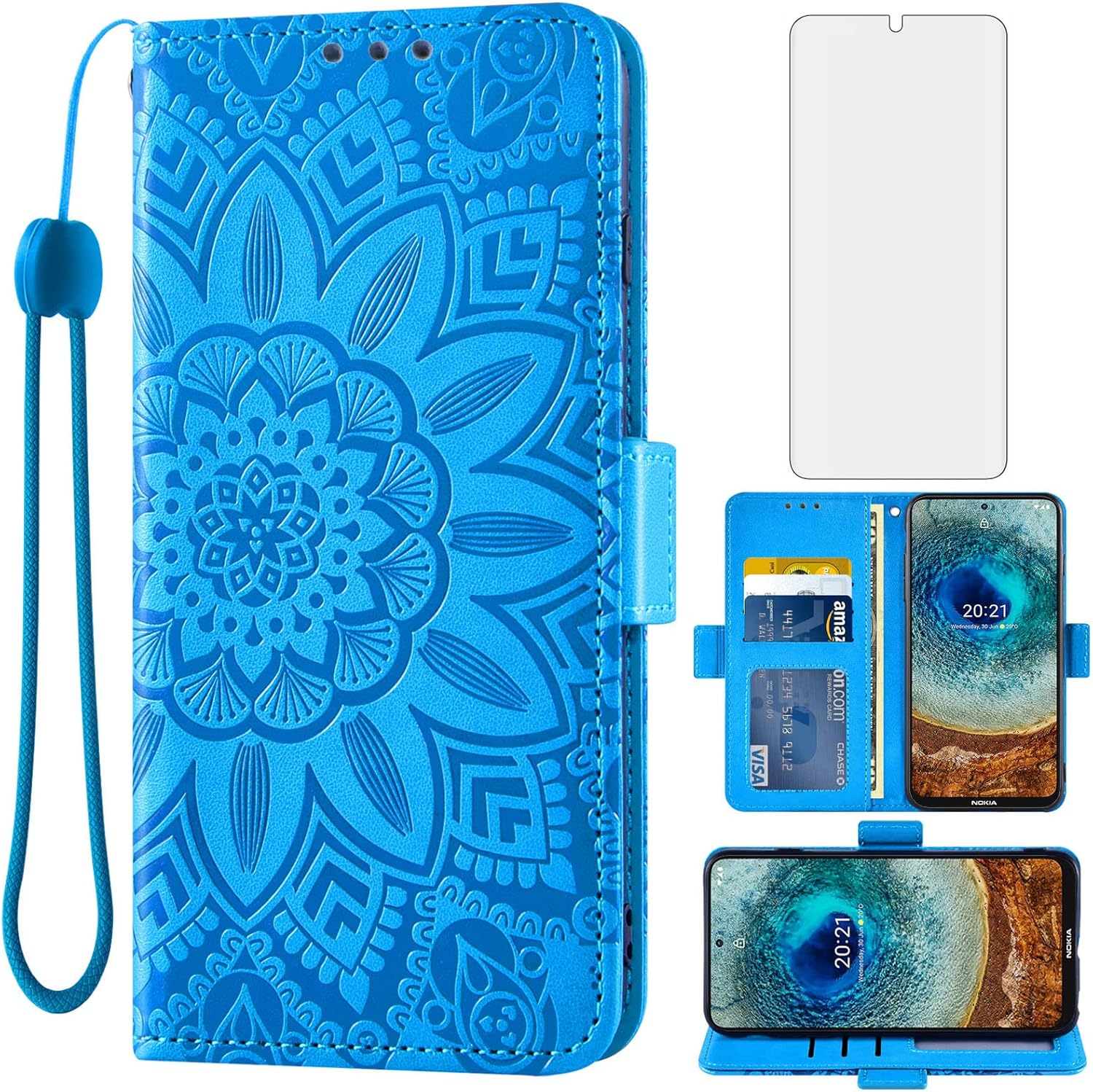 Asuwish Phone Case for Nokia X10/X20 with Tempered Glass Screen Protector and Flower Leather Wallet Flip Cover Credit Card Holder Stand Cell Accessories NokiaX10 10X NokiaX20 5G Boys Women Men Blue
