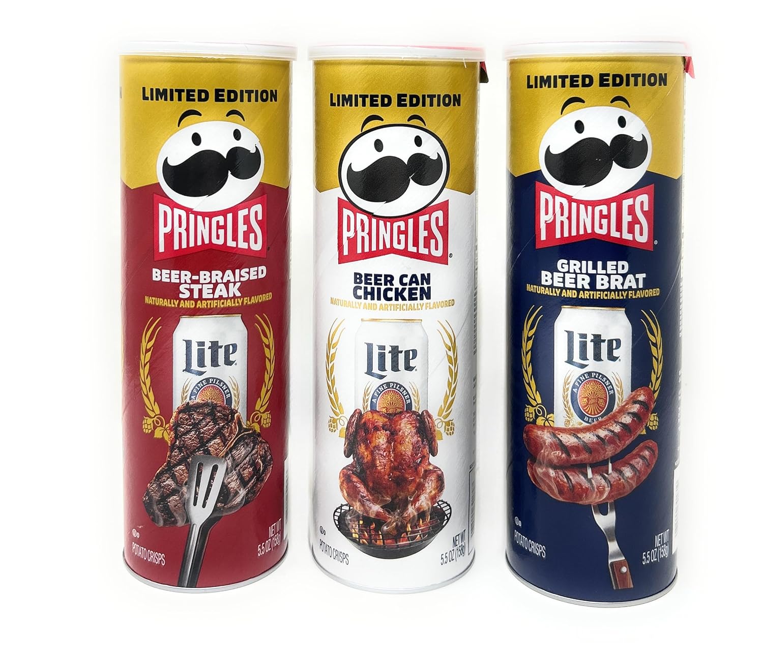 Pringles Beer Potato Chips Variety Set (Braised Steak, Chicken, Grilled Brat) 3 flavors 5.5oz - 3 cans