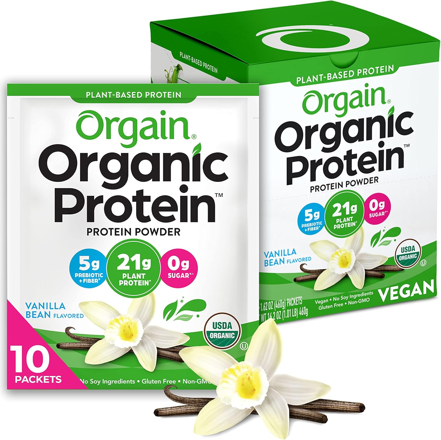 Orgain Organic Vegan Protein Powder, Vanilla Bean - 21g Plant Protein, 5g Prebiotic Fiber, Low Carb, No Lactose Ingredients, No Added Sugar, Non-GMO, For Shakes & Smoothies, 10 Travel Packs