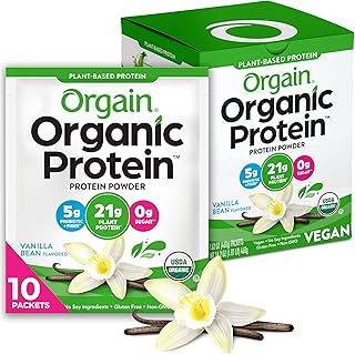 Orgain Organic Vegan Protein Powder, Vanilla Bean - 21g Plant Protein, 5g Prebiotic Fiber, Low Carb, No Lactose Ingredients, No Added Sugar, Non-GMO, For Shakes & Smoothies, 10 Travel Packs