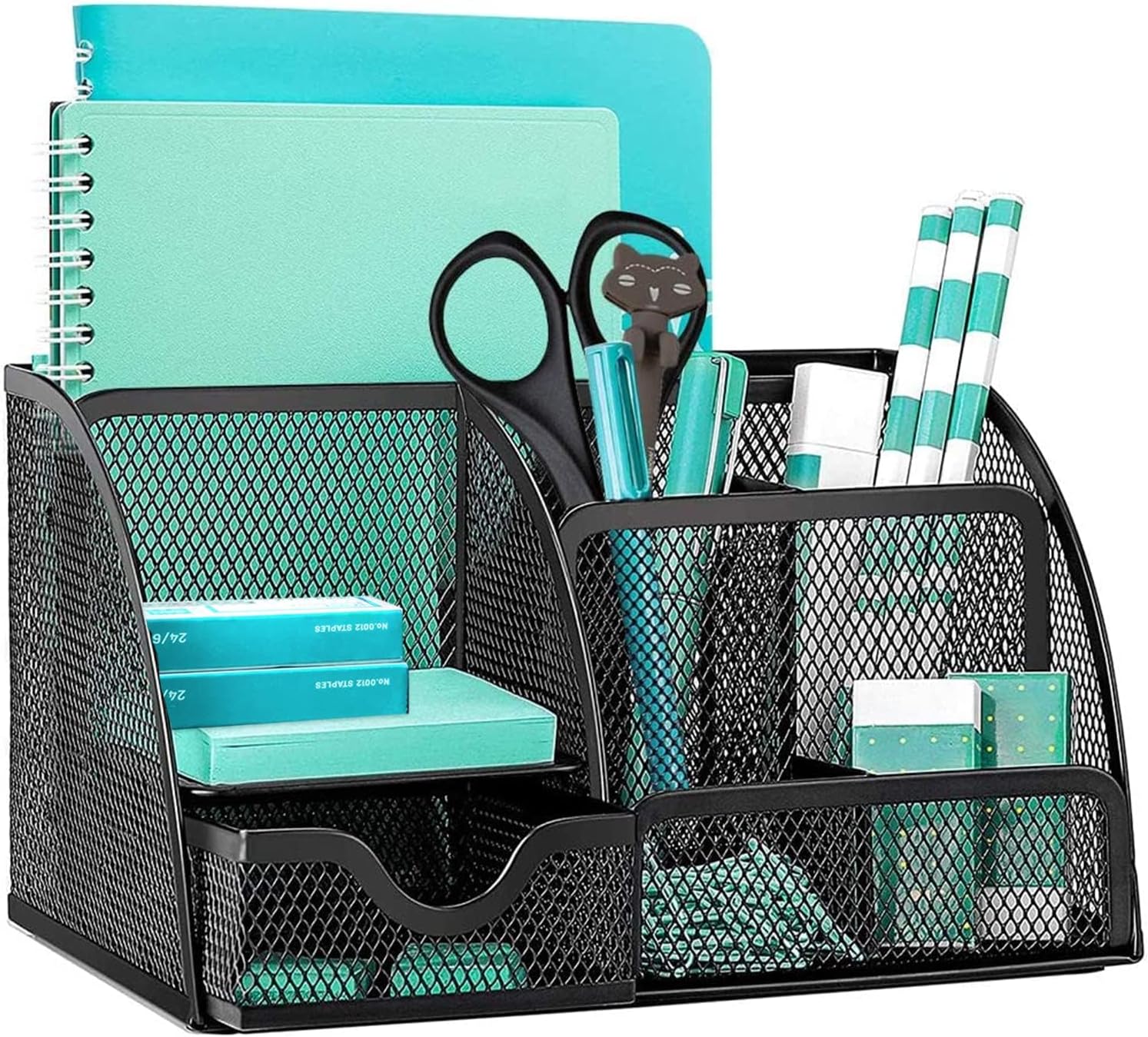 OKPOW Mesh Desk Organiser,Multi-Use Desk Tidy & Pen Holder with 6 storage and 1 Slide Drawer,Stationary Organiser for School,Home,Office desktop supplies (Black)