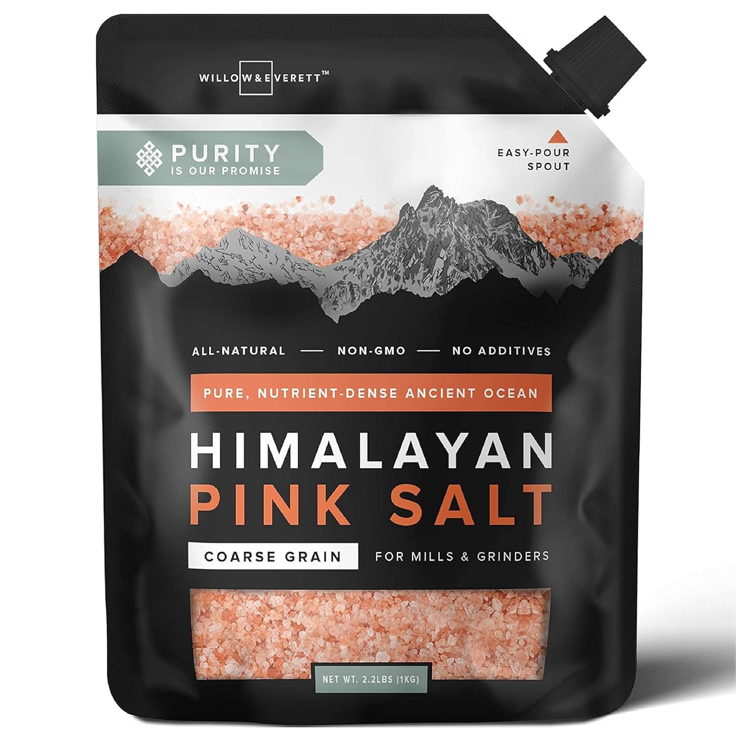 Willow & Everett Pink Himalayan Salt - 2.2lb / 1kg - Coarse Grain Grinder & Mill Refill, Easy Pour Spout, Non-GMO - Kosher Rock Salt For Cooking