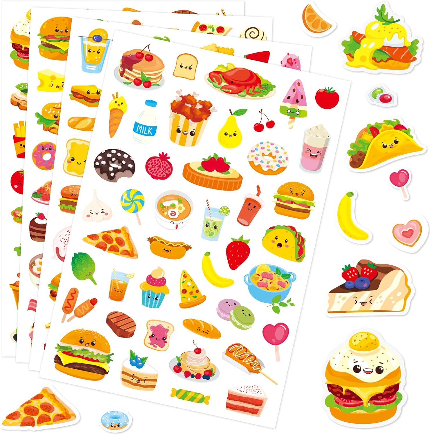 FindFunFine Cartoon Food Stickers 1000+ Cute Snack Hamburger Pizza Cake Donuts Stickers Party Favors Gifts Decor for Scrapbook Calendar Planner Gift Wrap Decor