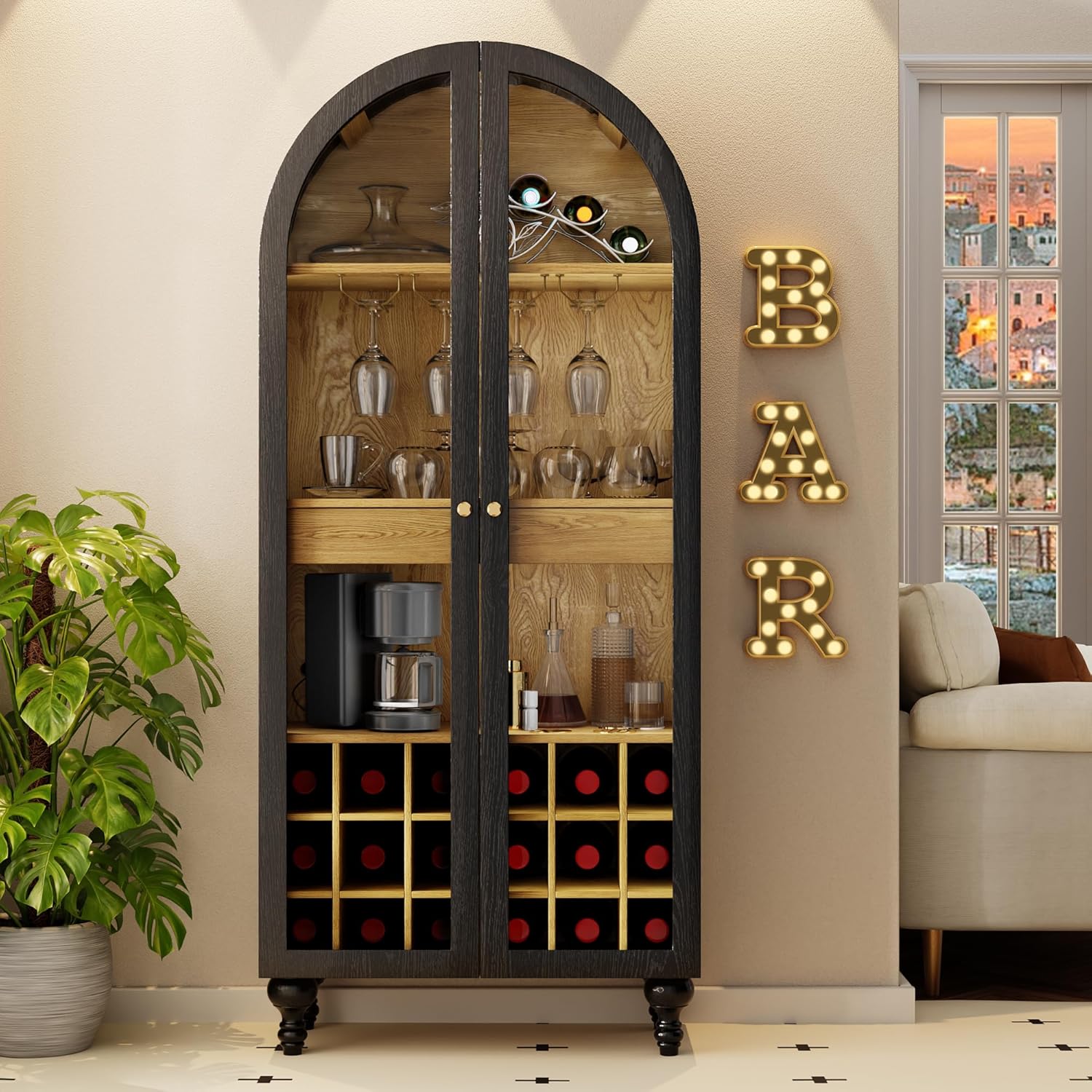 71" Wine Bar Cabinet, Arched Storage Cabinets with Door, Whiskey Station with Wine Rack and Glass Holder, Liquor Bar Cabinet for Home Kitchen Living Room Dining Room (Black)
