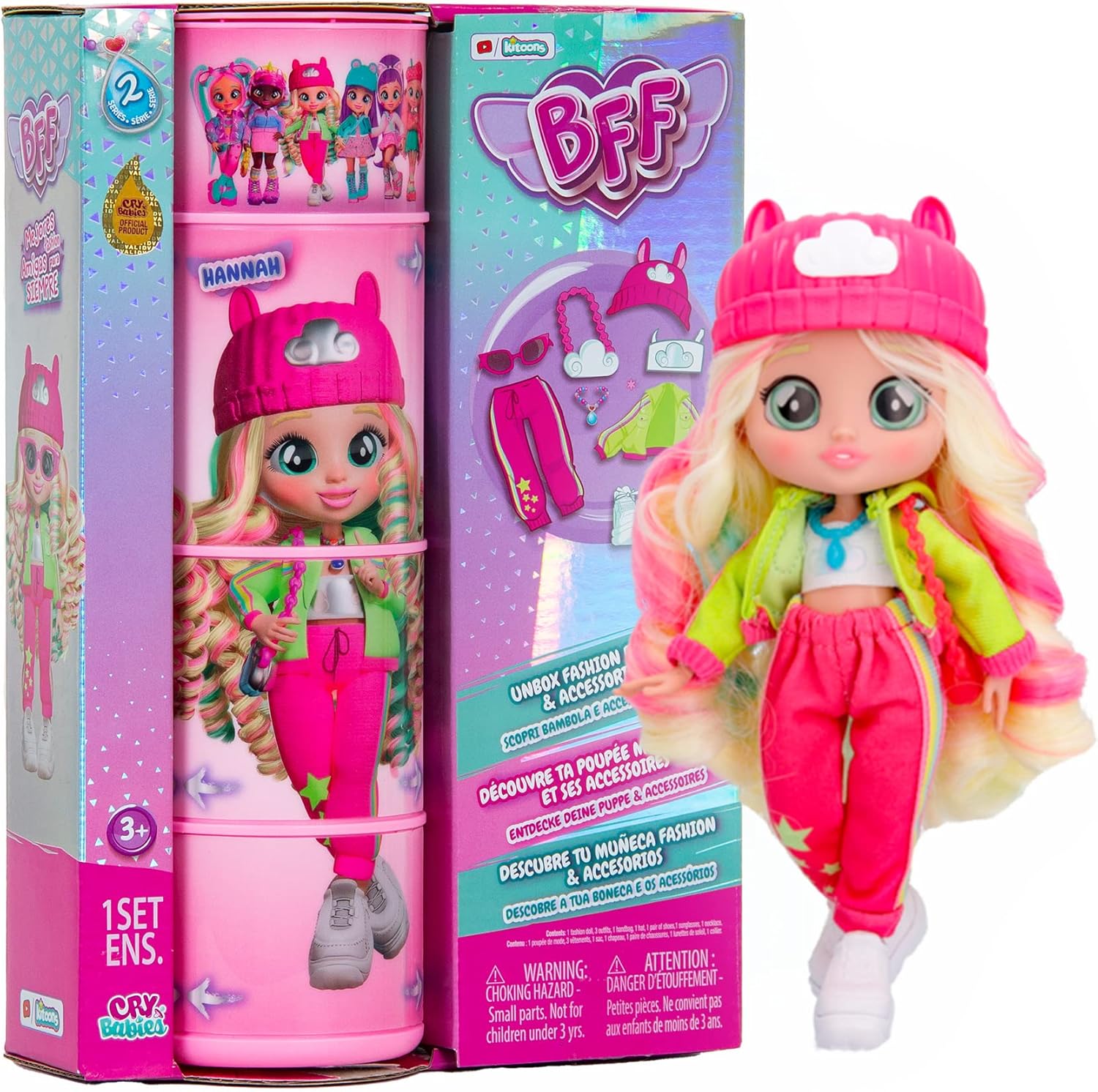 Cry Babies BFF Hannah Fashion Doll with 9+ Surprises Including Outfit and Accessories for Fashion Toy, Girls and Boys Ages 4 and Up, 7.8 Inch Doll, Multicolor