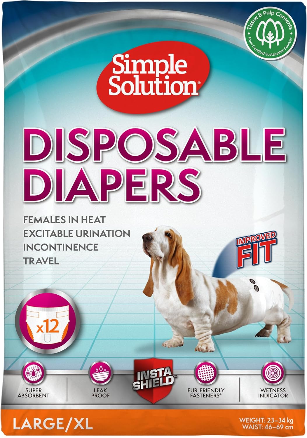 Simple Solution Disposable Dog Diapers for Female Dogs, Super Absorbent Leak-Proof Fit with Wetness Indicator for Excitable Urination, Incontinence or females in heat - 12 pack