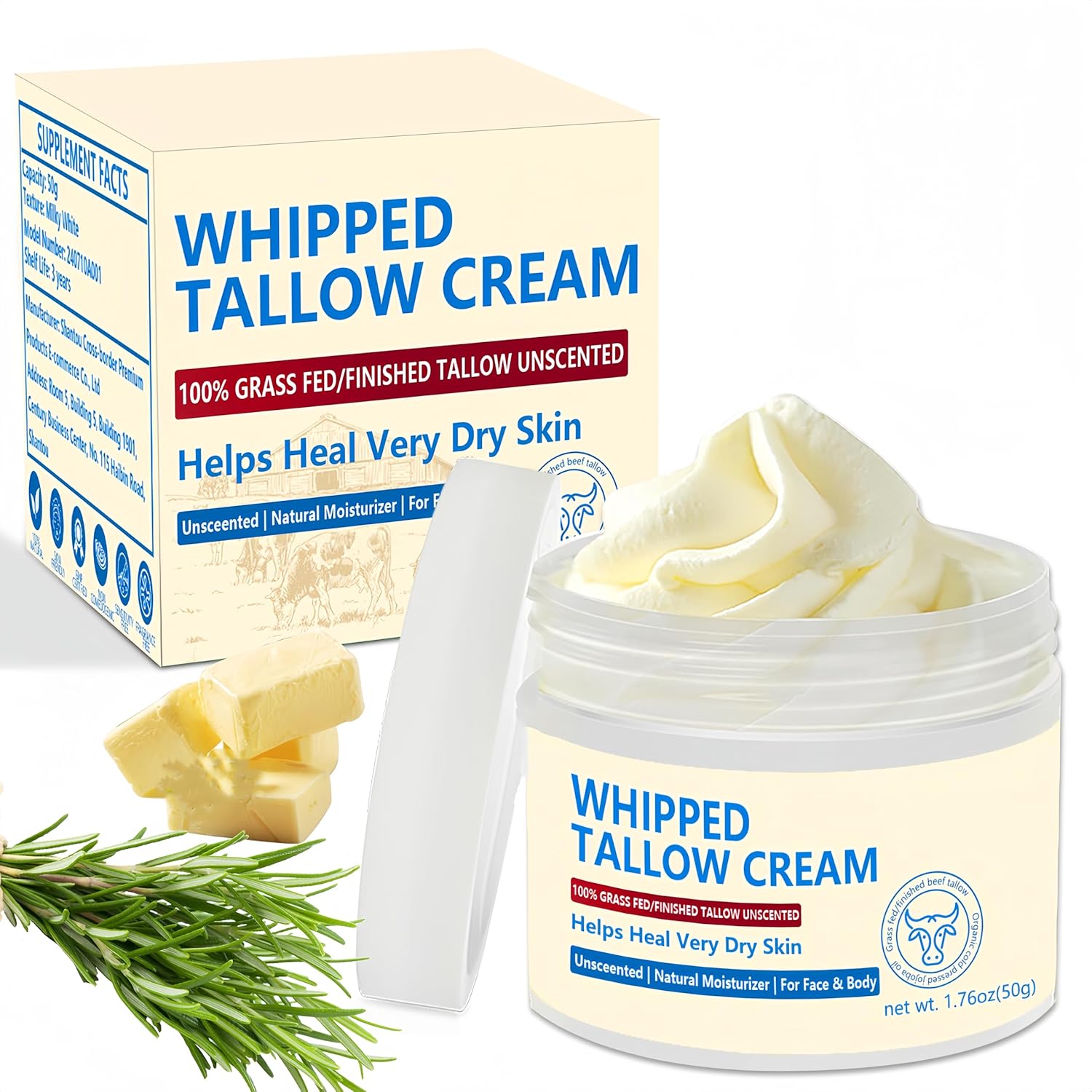 Beef Tallow, Beef Tallow for Skin, Beef Tallow Face Moisturiser, 100% Grass Fed Beef Tallow for Skin Care - Natural Handmade Lotion Whipped Beef Tallow Cream for Face & Body Sensitive Skin - 1.76 OZ.