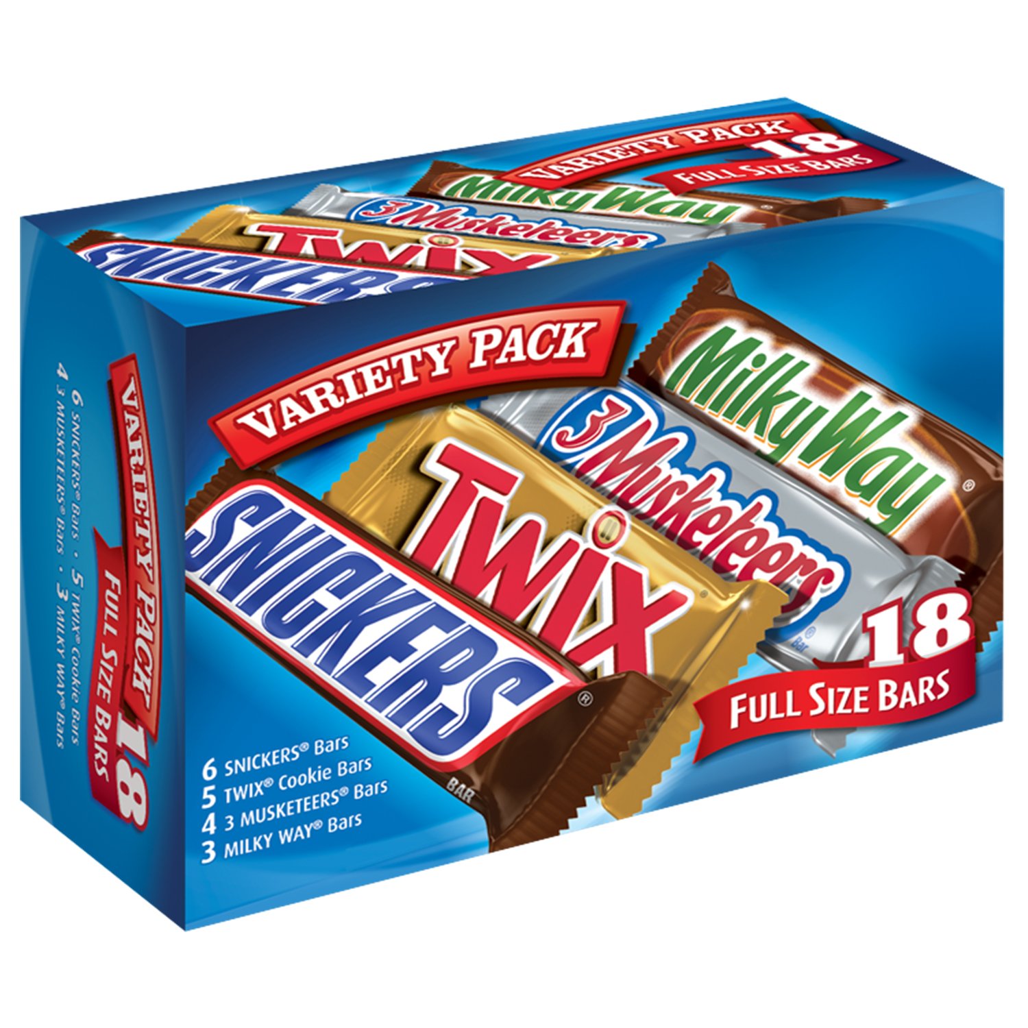 SNICKERS, TWIX, MILKY WAY & 3 MUSKETEERS Individually Wrapped Variety Pack Full Size Milk Chocolate Halloween Candy Bars Assortment, 33.31 oz, 18 Bars Bulk Candy Box
