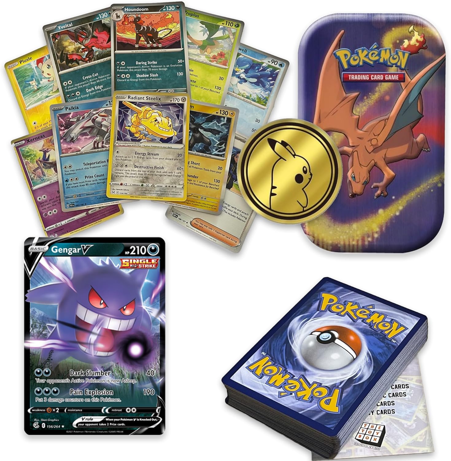 Ultimate Shiny Mini Tin Bundle - 50 Random Cards Guaranteed: 10 Holos, 1 Rare Shiny, 1 Coin & The Toy Box Card - Compatible with Pokemon TCG