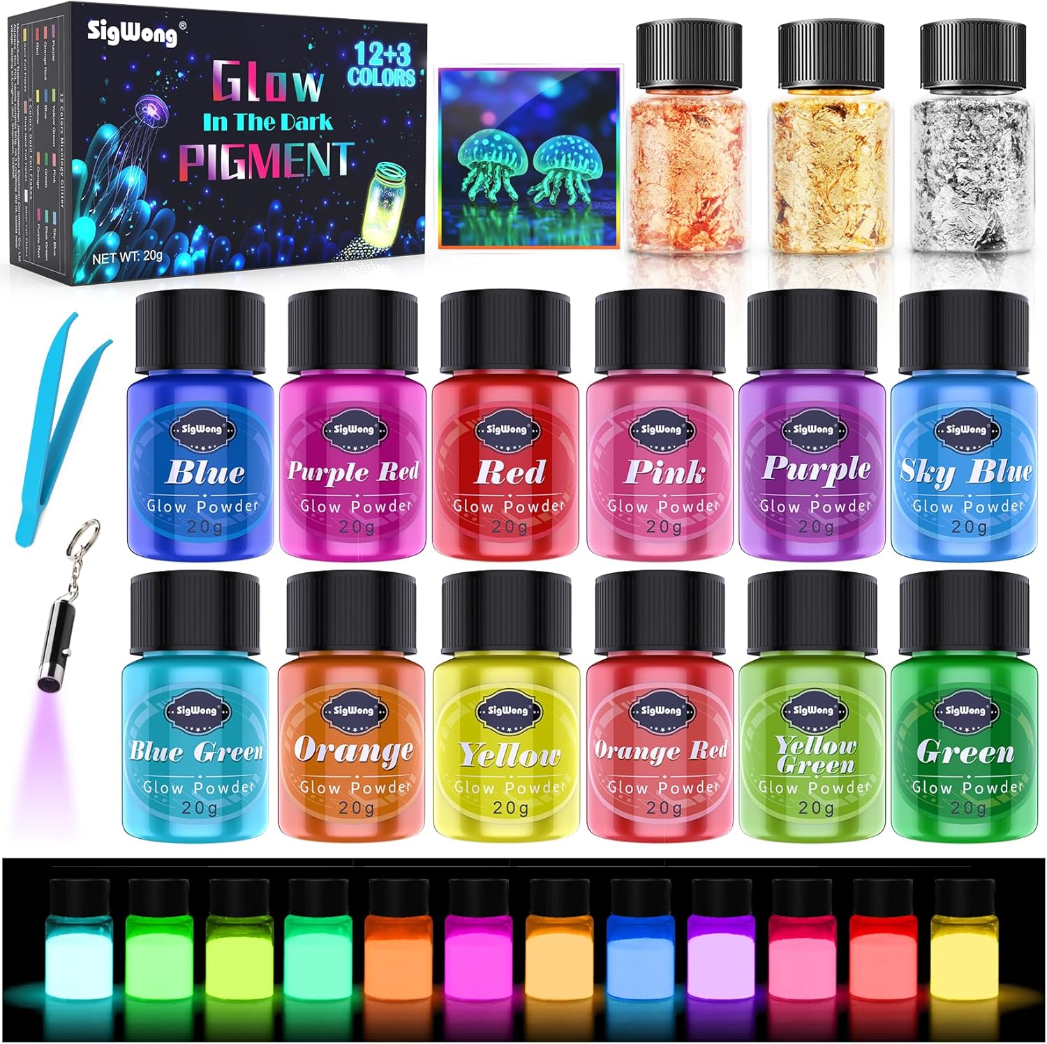 Glow in The Dark Pigment Powder - 12 Colors Luminous Powder 20g/0.7oz and 3 Colors Gold Foil Flakes 2g, Epoxy Resin Luminous Powder for Resin Art, Slime, Nail Art, Acrylic Paint and DIY Crafts