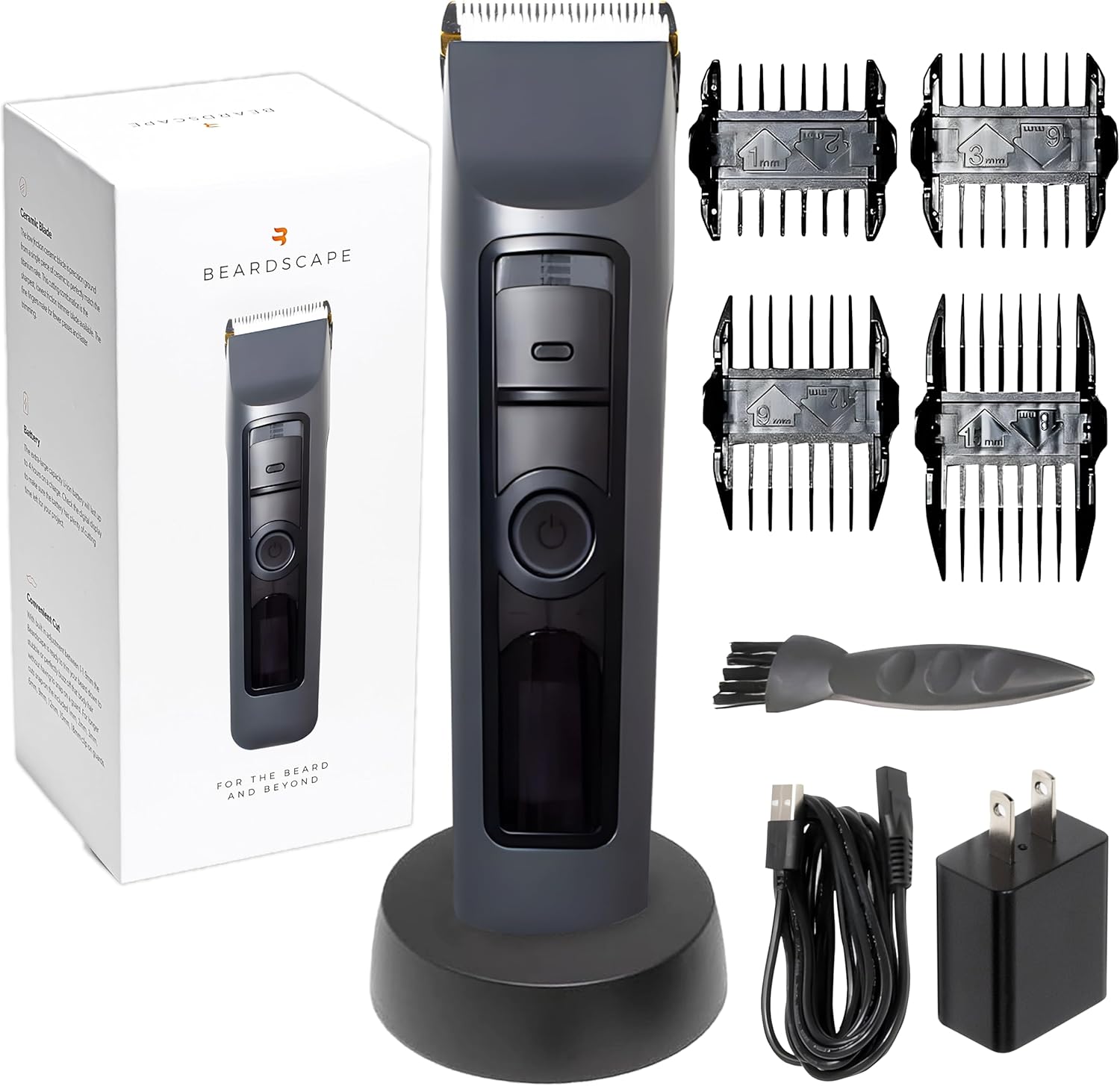 Brio Beardscape V2 Beard Trimmer for Men, Hair Trimmer for Men with Low-Friction Ceramic Blade, Quiet Beard and Mustache Trimmer for Men (Gray)