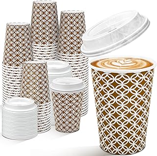 Ginkgo 100 Pack Disposable Coffee Cups with Lids 12 oz, Minimalist Pattern To Go Paper Coffee Cups, Hot Chocolate CoCoa Cups Suitable for Travel, Party, Shops Cafes and Daily use