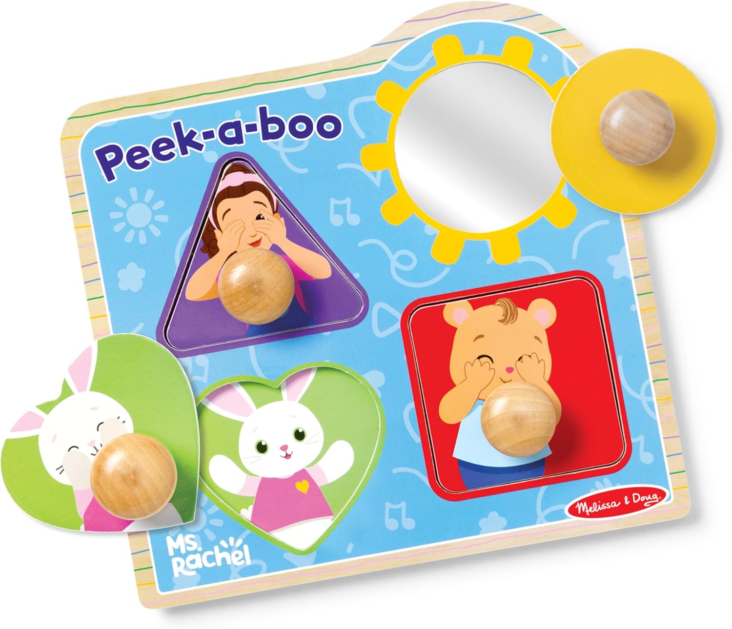 Melissa & Doug® Ms. Rachel™ Wooden Peek-a-Boo Jumbo Peg Puzzle, 4-Piece with Mirror, Toddler Toys for Boys and Girls Ages 1+ Years