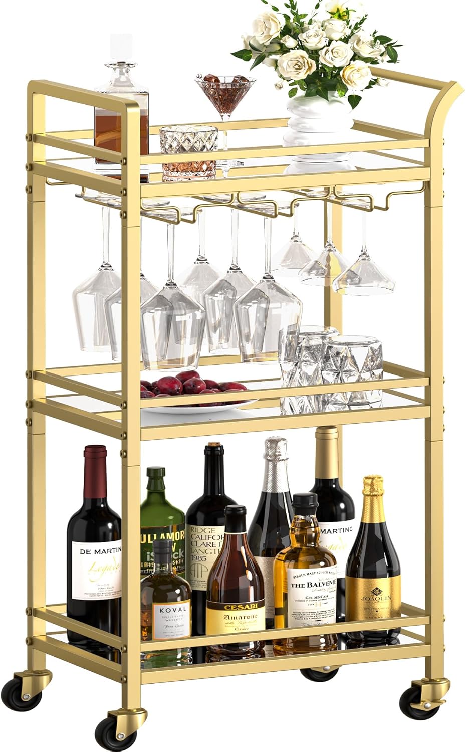 Bar Cart, Home Bar Serving Cart, Small Bar Cart with Wine Glass Rack, Drink Cart on Wheels, Wine Cart with 3-Tier Mirrored Shelf, Wine Holder, Glass Holders for Kitchen, Dining Room, Living Room(Gold)