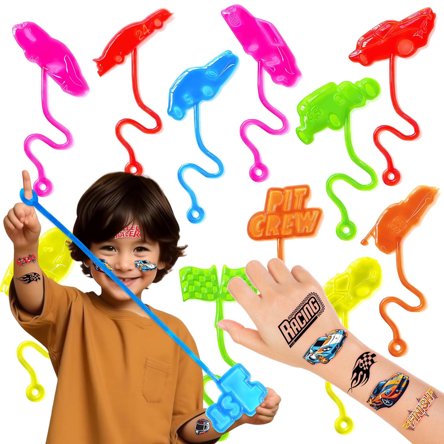 48PCS Race Car Party Favors - 24PCS Temporary Tattoos & 24PCS Stick Hands - Perfect Birthday Party Supplies, Goodie Bag Stuffers, Treasure Box Toys, Classroom Prizes, and Student Gifts
