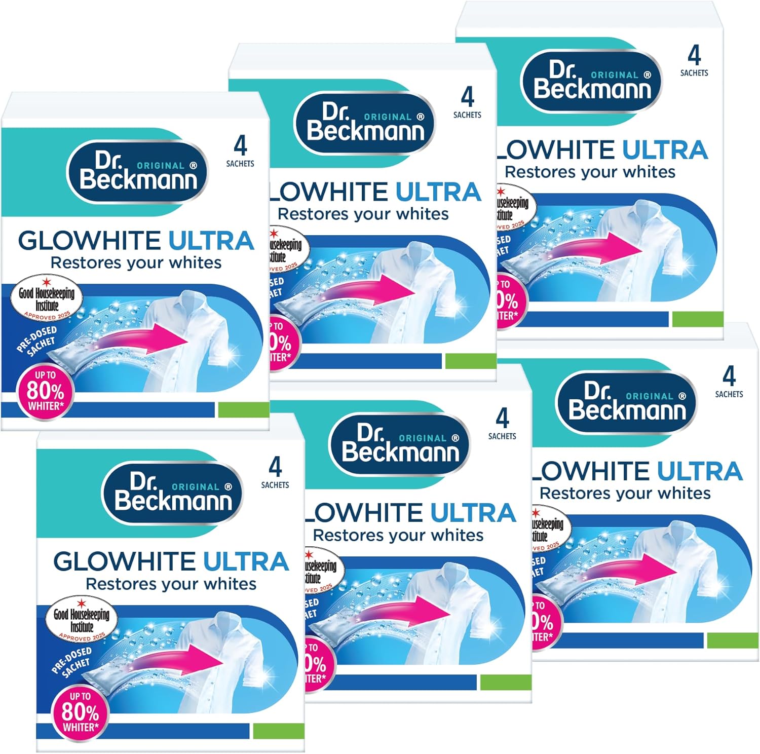 Dr. Beckmann Glowhite Ultra|Maintains brighter white laundry |Treats Greying | 4 x 40 g x 6